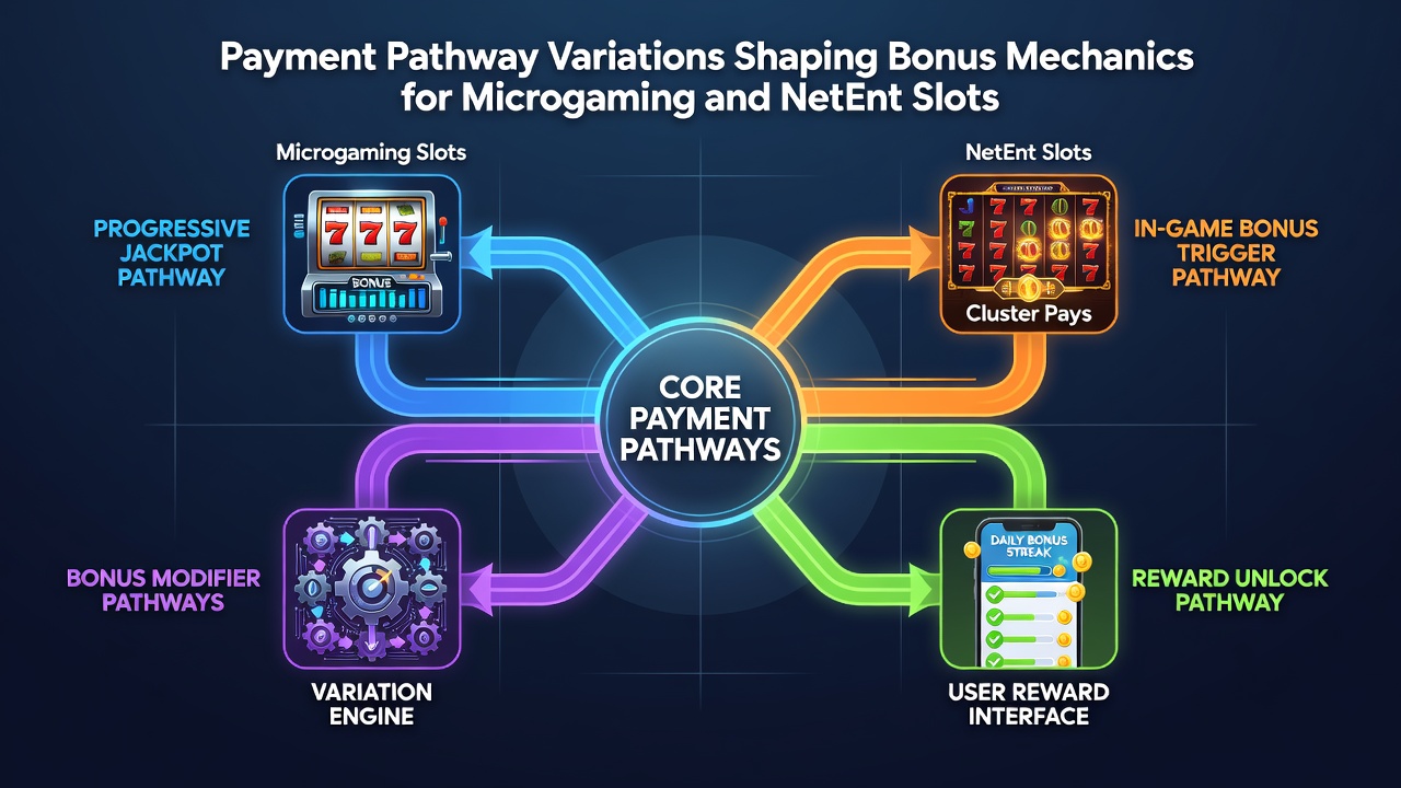 Diagram showing technical links between payment methods and bonus calculations in popular slot titles
